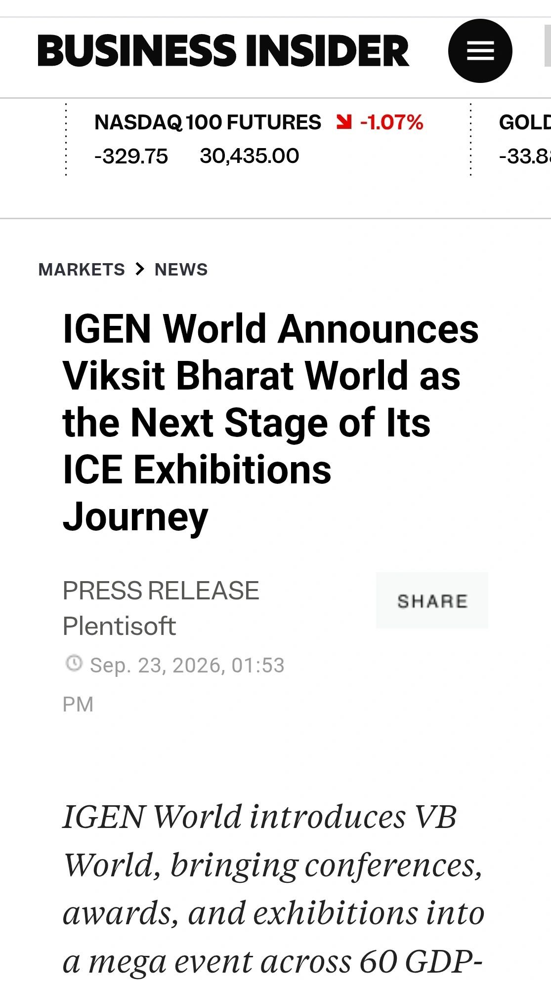 Business Insider — IGEN World Announces Viksit Bharat World as the Next Stage of Its ICE Exhibitions Journey